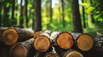 ai gegenereerd stapel van gezaagd boom boomstammen in Woud. natuur achtergrond foto