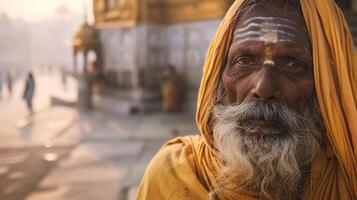 ai gegenereerd portret van een sadhu Bij de tempel in de ochtend- foto