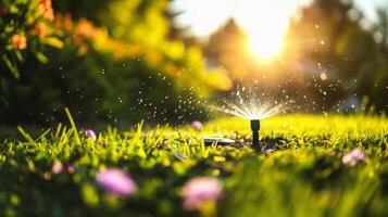 ai gegenereerd tuin sproeier gieter gras in de tuin foto