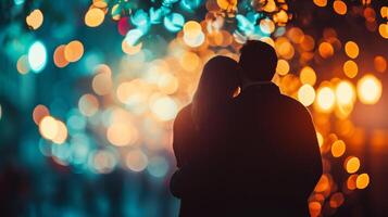 ai gegenereerd silhouet van een liefhebbend paar Aan de achtergrond van Kerstmis lichten foto