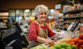 ai gegenereerd een onafhankelijk ouderen vrouw genieten van een ontspannen kruidenier boodschappen doen ervaring foto