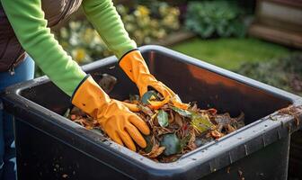 ai gegenereerd een persoon vervelend groen handschoenen opruimen omhoog de tuin foto