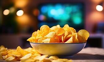 ai gegenereerd kom van knapperig, gouden geel chips Aan tafel foto