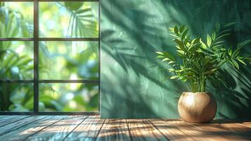 ai gegenereerd de groen muur achter de hout tafel creëert schaduwen Aan de muur net zo zonlicht schijnt door de venster. de voorgrond Kenmerken wazig binnen- groen planten. een panoramisch banier mockup foto