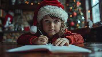 ai gegenereerd een jongen vervelend een de kerstman hoed schrijft Aan een stuk van papier Bij een tafel foto