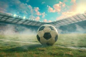 ai gegenereerd detailopname van oud voetbal bal in de stadion in de avond licht, generatief ai foto