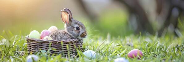 ai gegenereerd aanbiddelijk Pasen konijn, een klein en mooi baby konijn rust in een mand Aan een weelderig groen gazon, omringd door kleurrijk Pasen eieren foto