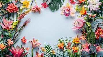 ai gegenereerd kleurrijk bloem kader Aan wit achtergrond. Dames dag, moeder dag, decoratie, groet, kaart foto