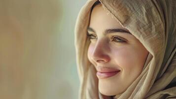ai gegenereerd moslim vrouw met hijab Bij kopiëren ruimte. Islam, Ramadan, geloof, cultuur, persoon, dame, vrouw foto