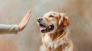 ai gegenereerd schattig hond geven hoog vijf Aan pastel kleur achtergrond. schattigheid, mee eens zijn, puppy foto