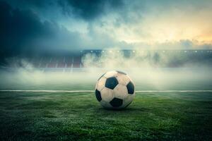 ai gegenereerd detailopname van oud voetbal bal in de stadion in de avond licht, generatief ai foto