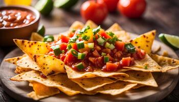 ai gegenereerd nacho's met salsa saus foto