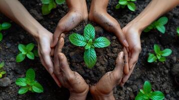 ai gegenereerd teamwerk, duurzaamheid en milieu met handen van mensen uit het bedrijfsleven. diversiteit, samenwerking en groei met medewerkers voor de toekomst. partnerschappen, partnerschappen, en gemeenschappen. foto