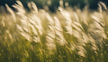 ai gegenereerd veer gras Aan de zomer weide. mooi, magisch, abstract achtergrond van gras in de zomer weide. veer gras fladderend in de wind. foto