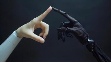 ai gegenereerd robot vinger maken contact met robot vinger, generatief ai foto