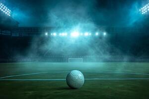 ai gegenereerd detailopname van voetbal bal in de stadion in de avond licht, generatief ai foto