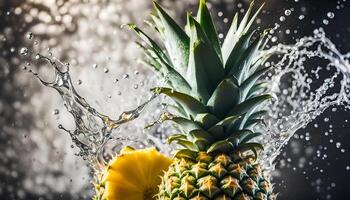 ai gegenereerd water spatten Aan vers ananas foto