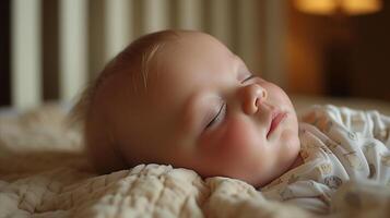 ai gegenereerd vredig slapen baby Aan zacht deken met warm verlichting foto