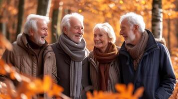 ai gegenereerd senior vrienden genieten van een warm herfst dag samen in de park foto