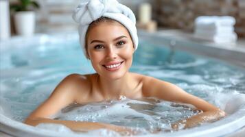 ai gegenereerd stralend jong vrouw genieten van een ontspannende bubbel bad in een spa foto