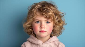 ai gegenereerd portret van een schattig jong meisje met gekruld haar- en blauw ogen foto