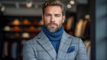 ai gegenereerd elegant gebaard Mens in een modieus coltrui en blazer foto