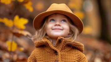 ai gegenereerd aanbiddelijk kind in herfst, glimlachen jong meisje met hoed omringd door vallen bladeren foto