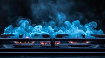 ai gegenereerd blauw vlammen en rook stijgende lijn van gas- fornuis branders in donker keuken foto