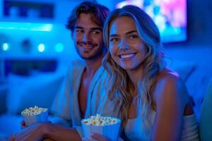 ai gegenereerd Mens en vrouw aan het kijken TV, zittend Aan sofa in blauw leven kamer, aan het eten popcorn foto