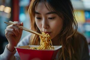 ai gegenereerd jong vrouw aan het eten Chinese noedels van een doos foto