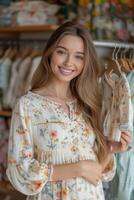 ai gegenereerd zwanger vrouw in een herfst jurk in een kinderen op te slaan houdt een hanger met een pak voor pasgeborenen in haar handen foto