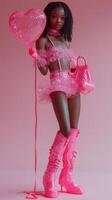 ai gegenereerd fantasie ensemble vrouw in surrealistische roze laarzen en hart zak foto