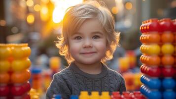 ai gegenereerd glimlachen kleuter jongen spelen met kleurrijk telraam Bij zonsondergang foto