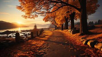 ai gegenereerd verbazingwekkend herfst landschap. panoramisch Woud natuur. kleurrijk Woud met zon stralen oranje gouden bladeren bomen. droom fantasie toneel- pad. mooi vallen park voetpad foto