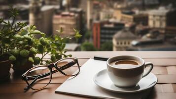 ai gegenereerd bedrijf concept. top visie van leeg notitieboekje, laptop, kop van koffie, sappig fabriek ans bril over- licht bureau. foto