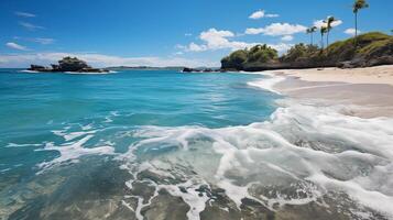 ai gegenereerd tropisch paradijs strand met wit zand en blauw zee water reizen toerisme breed panorama achtergrond concept. idyllisch strand landschap, zacht golven, vredig natuur landschap foto