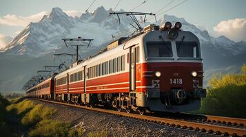 ai gegenereerd trein Aan de spoorweg, verbazingwekkend berg achtergrond foto