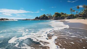 ai gegenereerd tropisch paradijs strand met wit zand en blauw zee water reizen toerisme breed panorama achtergrond concept. idyllisch strand landschap, zacht golven, vredig natuur landschap foto