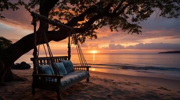 ai gegenereerd zonsondergang, tropisch strand paradijs net zo zomer landschap met strand schommel of hangmat en wit zand, kalmte zee sereen strand. luxe strand vakantie zomer vakantie. foto