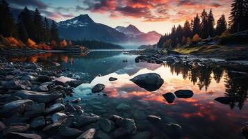 ai gegenereerd geweldig natuur landschap. mooi tafereel met hoog tatra berg pieken, stenen in berg meer, kalmte meer water, reflectie, kleurrijk zonsondergang lucht. foto