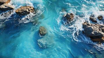 ai gegenereerd zomer zeegezicht, blauw zee water in zonnig dag. top visie van drone. het langst zee antenne visie, verbazingwekkend tropisch natuur achtergrond. foto