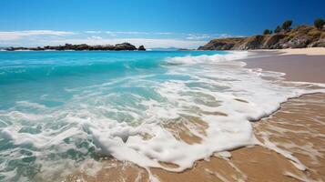 ai gegenereerd tropisch paradijs strand met wit zand en blauw zee water reizen toerisme breed panorama achtergrond concept. idyllisch strand landschap, zacht golven, vredig natuur landschap foto