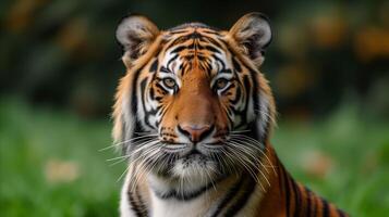 ai gegenereerd majestueus tijger klaar in natuurlijk leefgebied Bij schemer foto