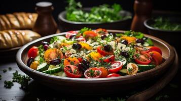 ai gegenereerd vers salade met biologisch groenten en zwart olijven foto