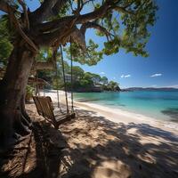 ai gegenereerd tropisch strand paradijs net zo zomer landschap met strand schommel of hangmat en wit zand, kalmte zee sereen strand. luxe strand vakantie zomer vakantie. foto