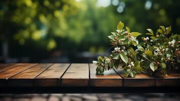 ai gegenereerd leeg houten tafel, groen bokeh achtergrond foto