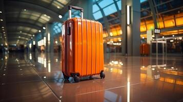 ai gegenereerd oranje koffer in luchthaven terminal reizen en vakantie concept foto