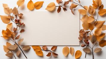ai gegenereerd herfst bladeren en een vel van perkament papier Aan een wit achtergrond van bovenstaande. met ruimte voor tekst. minimaal dankzegging en halloween seizoensgebonden ontwerp kunst. foto