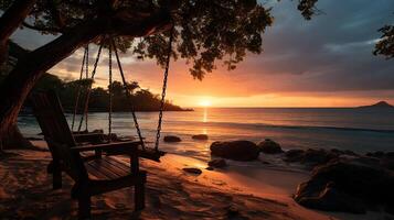 ai gegenereerd zonsondergang, tropisch strand paradijs net zo zomer landschap met strand schommel of hangmat en wit zand, kalmte zee sereen strand. luxe strand vakantie zomer vakantie. foto