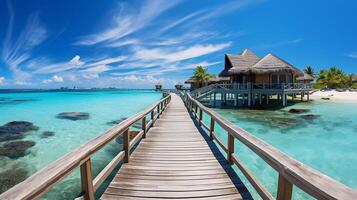 ai gegenereerd verbazingwekkend zonnig panorama Bij Maldiven. luxe toevlucht villa's zeegezicht met boost omhoog kleuren, blauw zee lucht, fantastisch steiger. perfect zomer vakantie vakantie achtergrond. foto